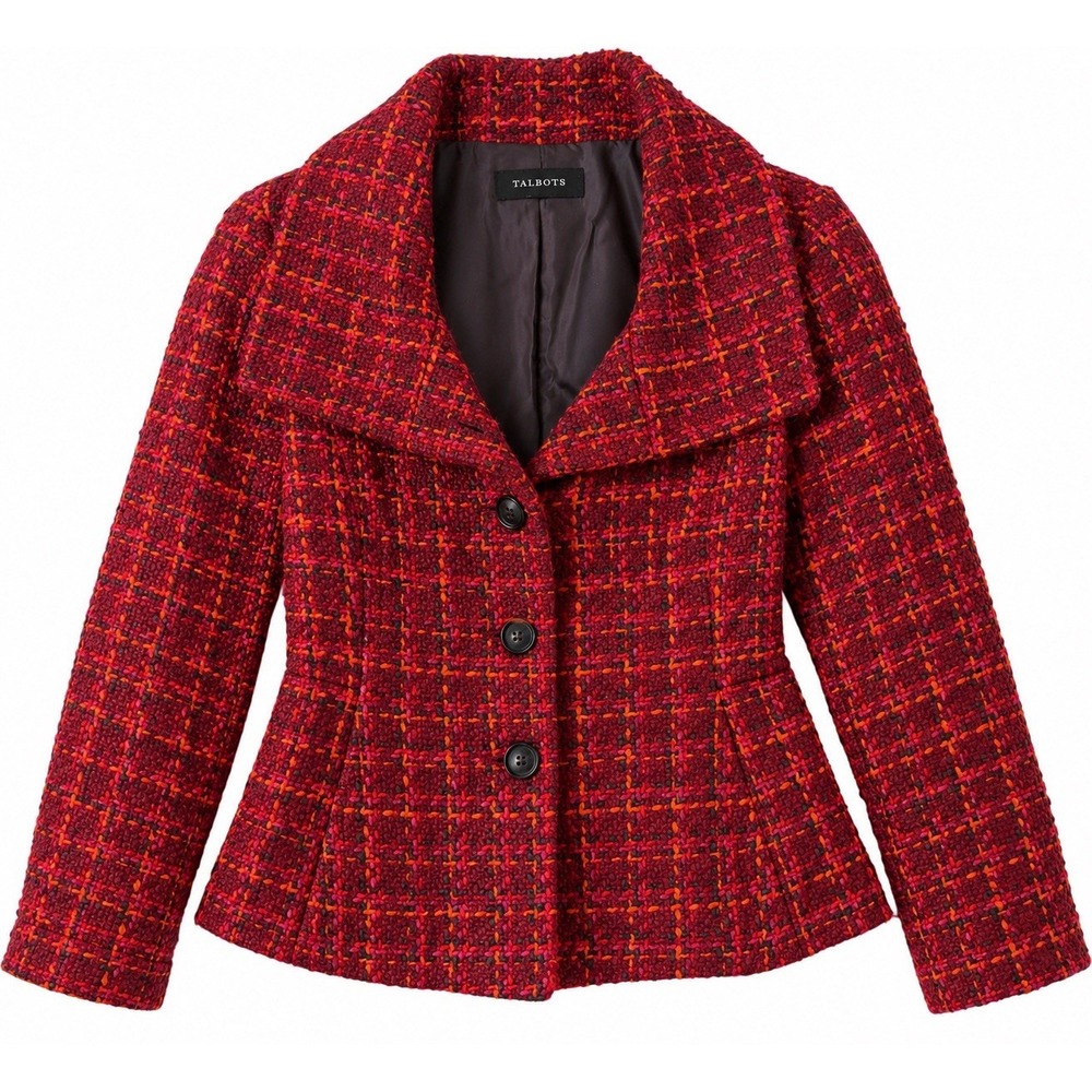 Talbots Tweed Blazer Womens Est M Red Burgundy Orange Wool Blend Peplum Jacket